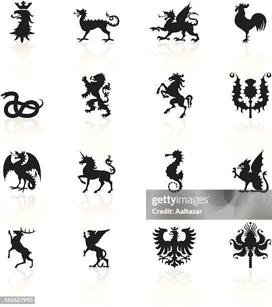 black symbols - heraldic animals - rooster stock illustrations