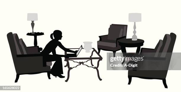 at home with laptop vector silhouette - coffee table stock illustrations