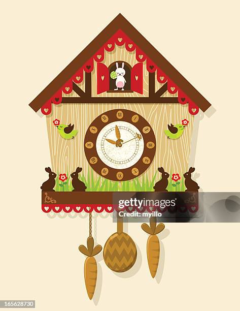 illustration of an easter themed cuckoo clock with bunnies - cuckoo clock stock illustrations