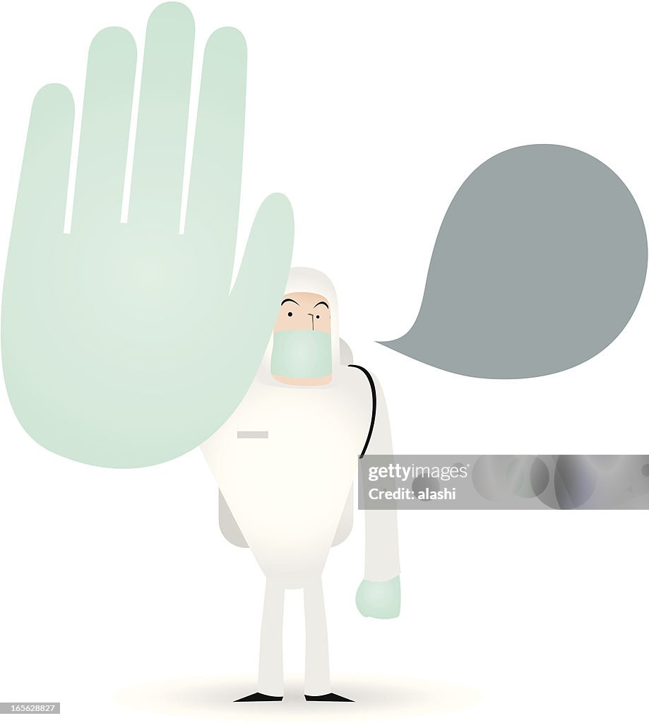 Gesturing(Hand Sign): Man in a Biochemical Protection Suit showing stop(Quarantine)