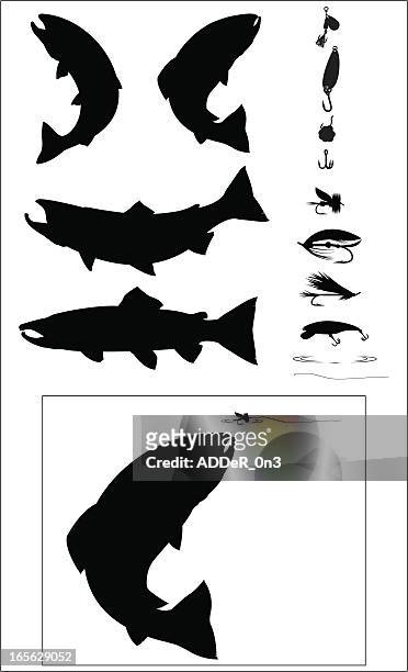 illustrations, cliparts, dessins animés et icônes de ensemble de la silhouette de la pêche sportive - saumon