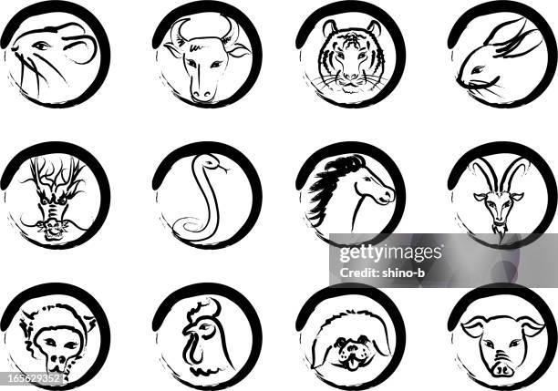 illustrations, cliparts, dessins animés et icônes de signes du zodiaque chinois en cercle - peinture à l’encre de chine