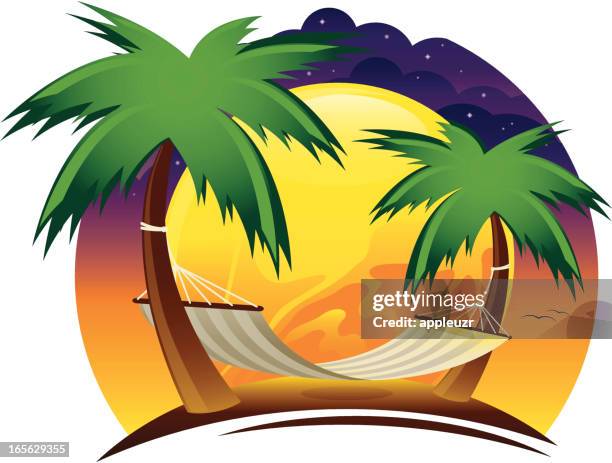 hängematte - hammock-between-palm-trees stock-grafiken, -clipart, -cartoons und -symbole