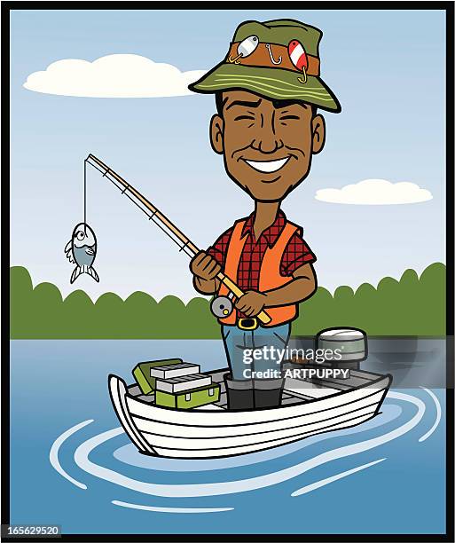 african american fisherman comic - angeln am see stock-grafiken, -clipart, -cartoons und -symbole