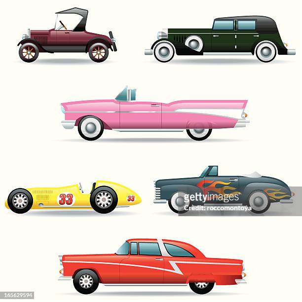 illustrazioni stock, clip art, cartoni animati e icone di tendenza di set di icone auto classiche - automobile da collezionista