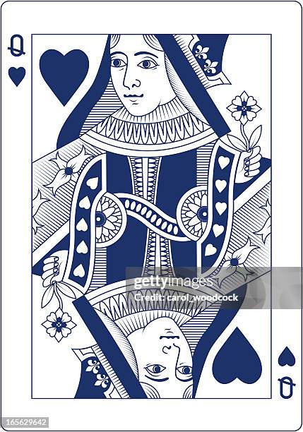 stockillustraties, clipart, cartoons en iconen met queen of hearts playing card in blue - hartenvrouw