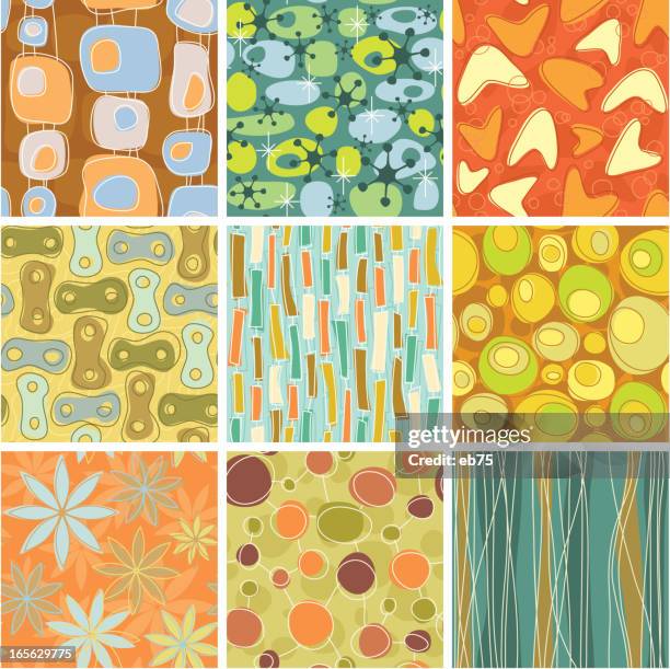 nine colorful retro patterns with a white border - ugly wallpaper stock illustrations