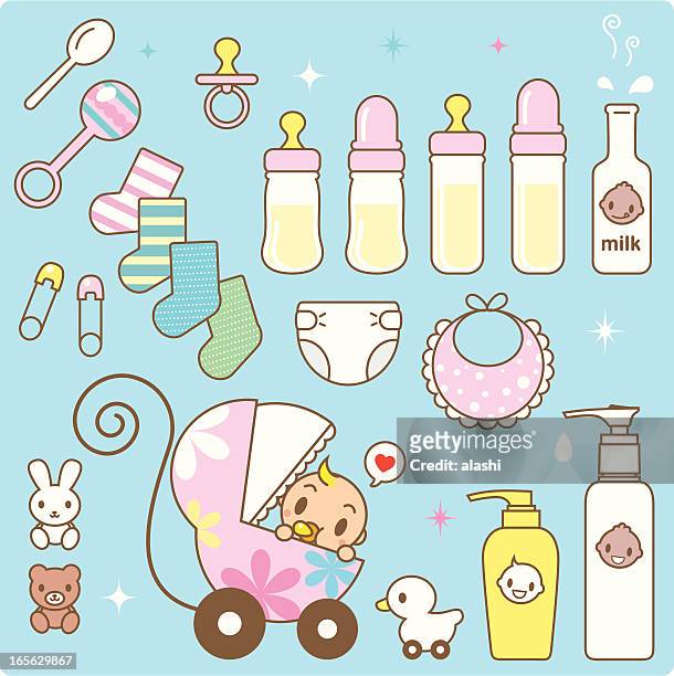 stockillustraties, clipart, cartoons en iconen met icon: cute baby in a stroller and babies goods - shampoo