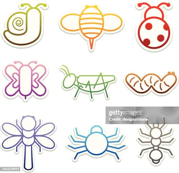 ilustraciones, imágenes clip art, dibujos animados e iconos de stock de icono de pegatinas de insectos - saltamontes
