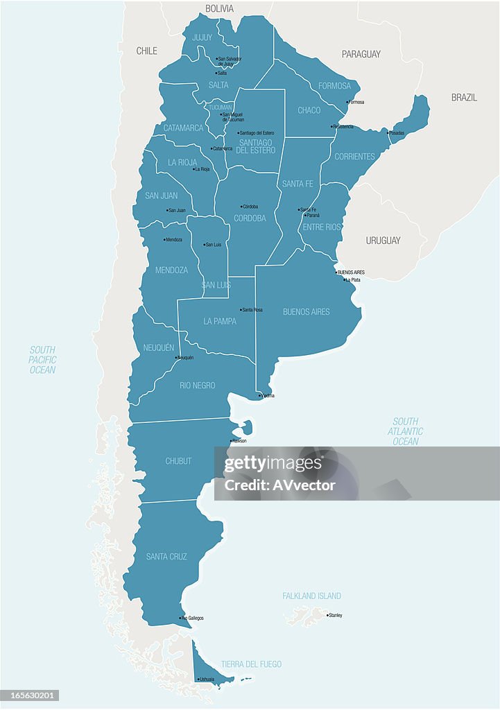 A blue and white graphic map of Argentina