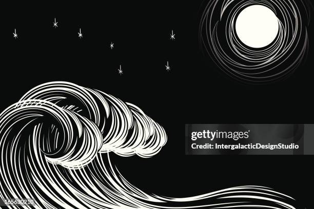 illustrations, cliparts, dessins animés et icônes de vagues au clair de lune - gravure sur bois