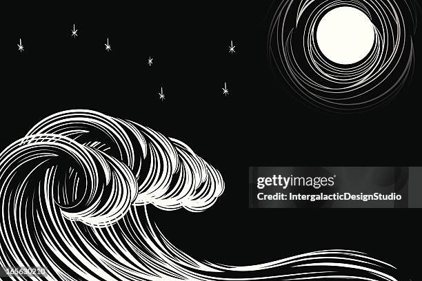 moonlit waves - woodcut stock illustrations