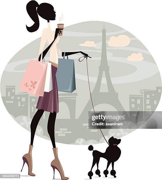 stockillustraties, clipart, cartoons en iconen met shopping in paris - black poodle