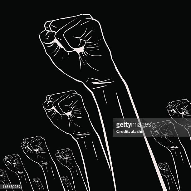 illustrazioni stock, clip art, cartoni animati e icone di tendenza di esprimere a gesti (mano firma): clenched pugni tenuto alto in segno di protesta - rock moderno