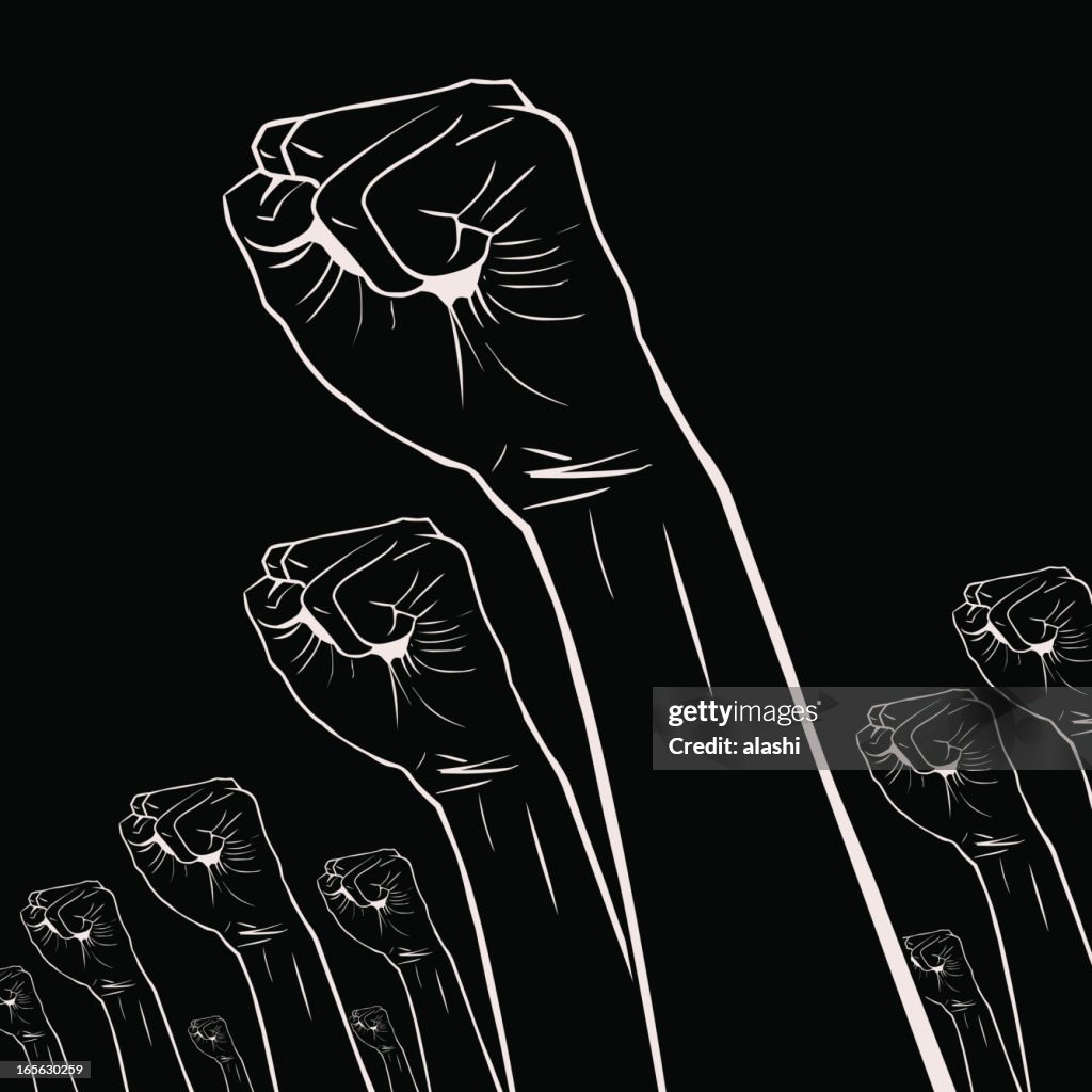 Gesticular mão sinal (): Clenched fists mantidos elevados em protesto