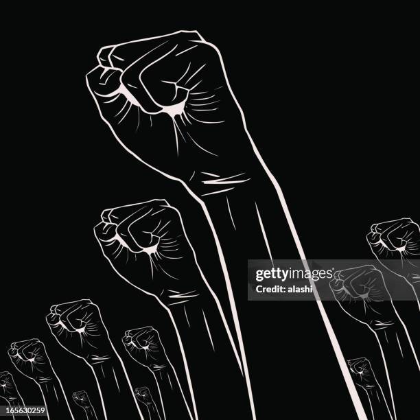 gesturing(hand sign): clenched fists held high in protest - strike protest action stock illustrations