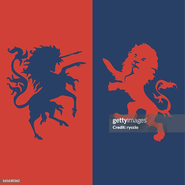 unicorn and lion - medieval flag stock illustrations