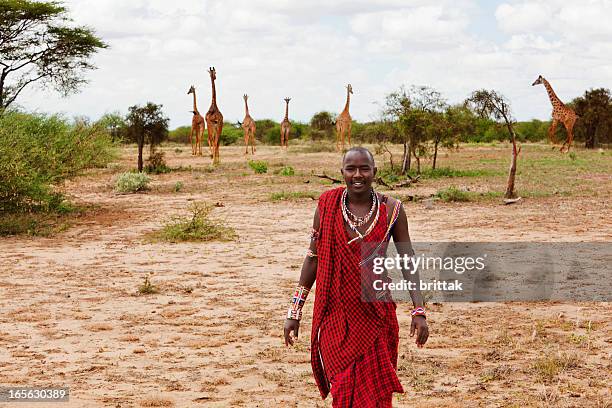 masai krieger auf den savannah mit giraffen im hintergrund. - masai giraffe stock-fotos und bilder