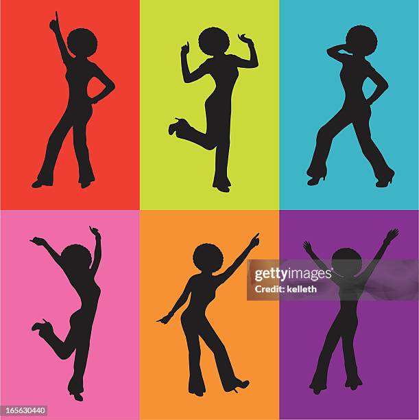 ilustraciones, imágenes clip art, dibujos animados e iconos de stock de siluetas de mujer de discoteca - música para bailar