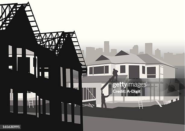 house construction vector silhouette - pulling up stock illustrations