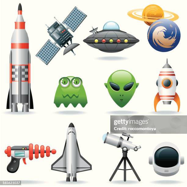 ilustrações de stock, clip art, desenhos animados e ícones de conjunto de ícones de ovnis e do espaço - astronaut