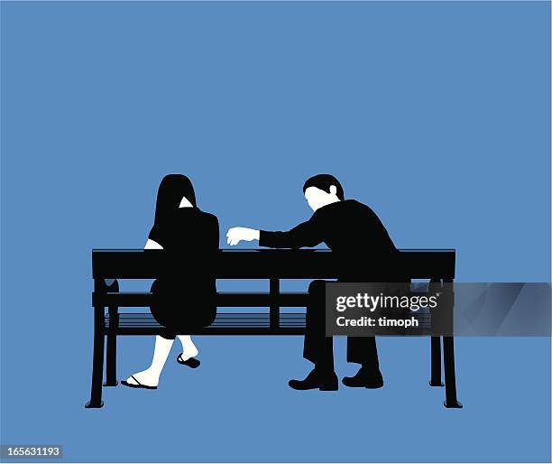 stockillustraties, clipart, cartoons en iconen met couple bench blue - rear view girl