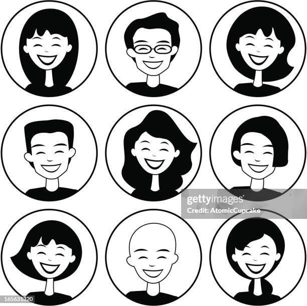 nine black and white faces in circles - shaved head stock illustrations