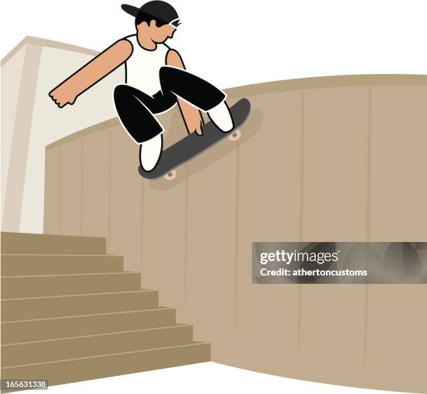 skateboarder doing wall ride - hanging on wall stock illustrations