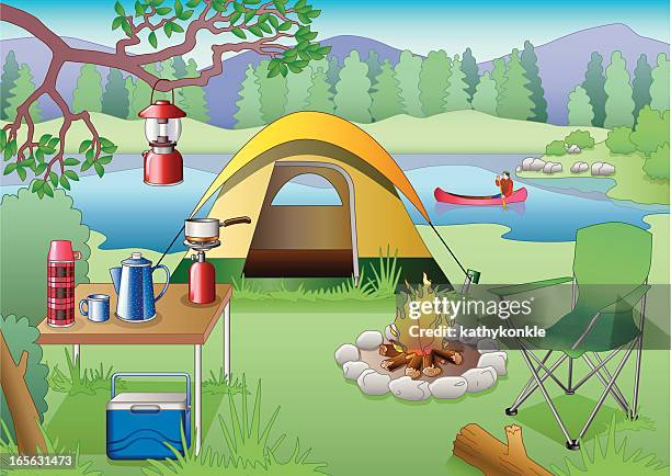 camping scene - camping cooler stock illustrations