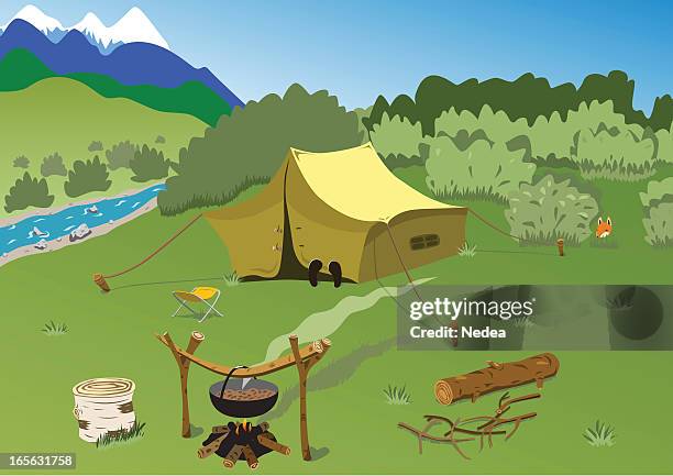 stockillustraties, clipart, cartoons en iconen met tourist camp on the mountain river bank - kruk zitmeubels