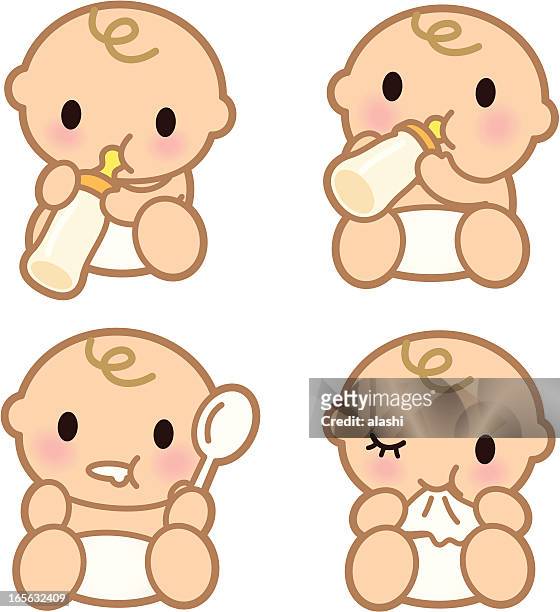 cute babies eating ( baby drinking from milk bottle ) - saliva bodily fluid stock illustrations