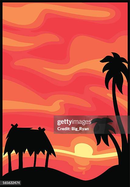 hawaiian sunset - grass hut stock illustrations