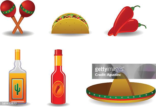 mexican elements - sombrero maracas stock illustrations