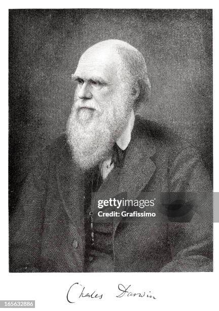 engraving of scientist charles darwin from 1882 with signature - darwin 幅插畫檔、美工圖案、卡通及圖標