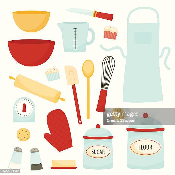 illustrazioni stock, clip art, cartoni animati e icone di tendenza di cuocere al forno e attrezzature da cucina - baking