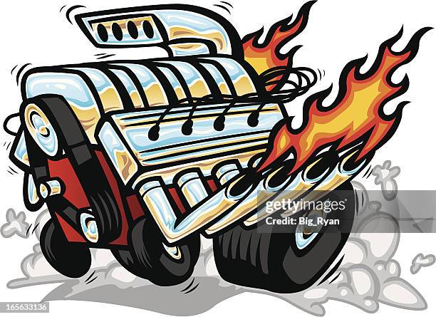 ilustraciones, imágenes clip art, dibujos animados e iconos de stock de hot rod motor - carrera de coches trucados