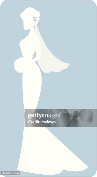 a white drawing of a bride silhouette on a blue background - wedding veil vector stock illustrations