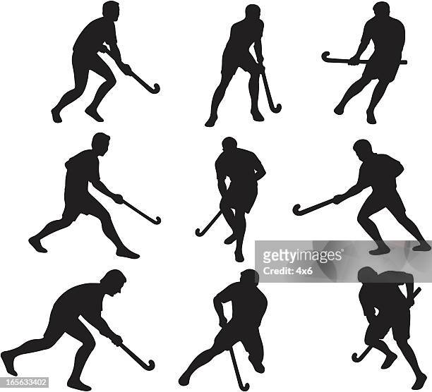 stockillustraties, clipart, cartoons en iconen met field hockey silhouettes - hockey equipment