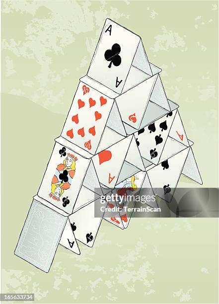 house of cards or card tower vector illustration - card house stock illustrations