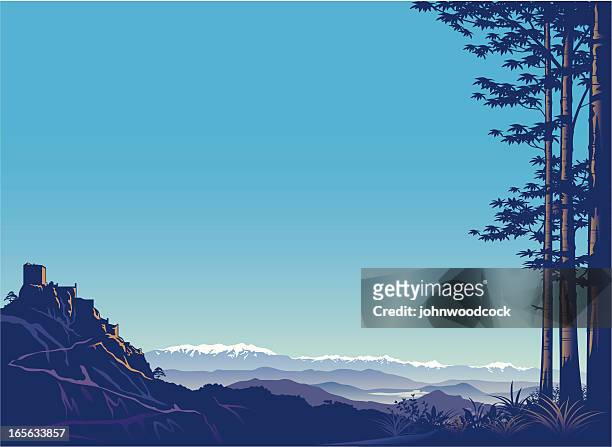 ilustraciones, imágenes clip art, dibujos animados e iconos de stock de montañas y castillo. - pirineos