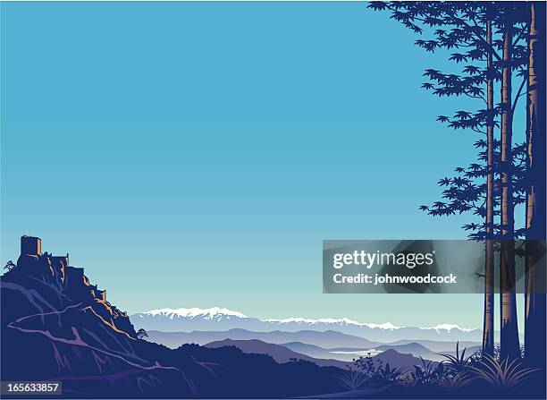 illustrations, cliparts, dessins animés et icônes de montagnes et du château de. - forteresse