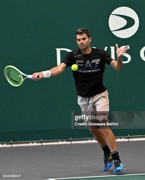 Simone Bolelli of Italy plays during a training session for the 2023 Davis Cup Finals Group Stage Bologna at Unipol Arena on September 10, 2023 in...