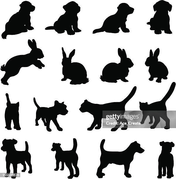 dog, cat and rabbit silhouette set - black and white dog stock illustrations