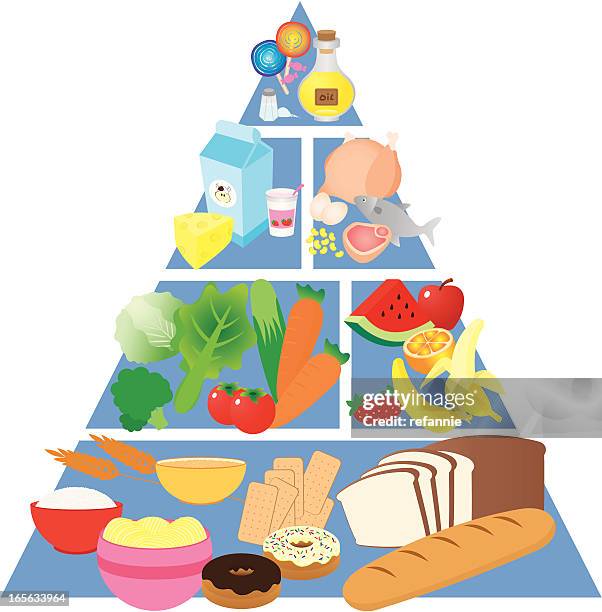 colorful food pyramid with images of each food group - sugar cane stock illustrations