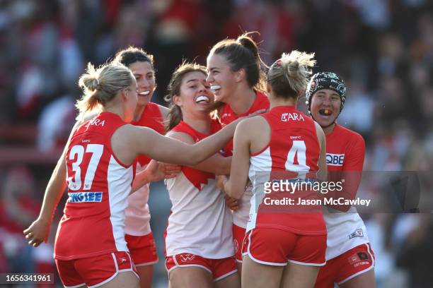 Chloe Molloy of the Swans celebrates kicking a goal during the round one AFLW match between Sydney Swans and Greater Western Sydney Giants at North...