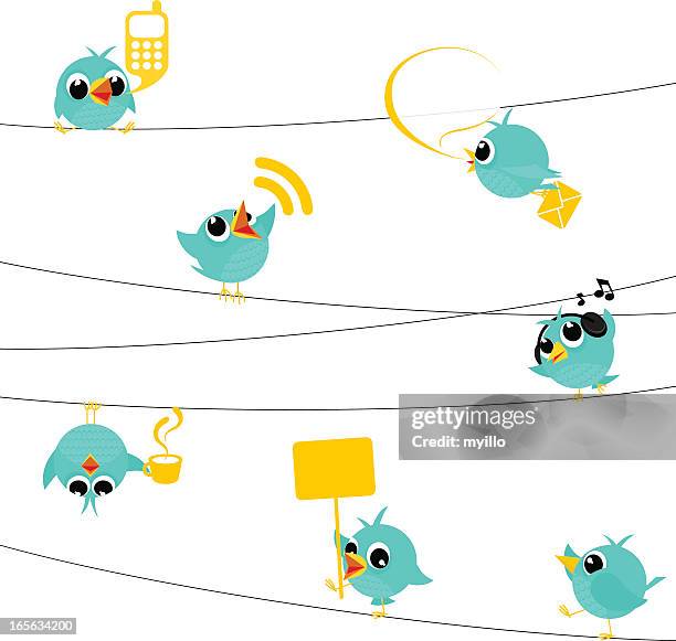 illustrations, cliparts, dessins animés et icônes de oiseau, tweeter, bluebird, nourrir, médias sociaux, le texte, suivre, dessin, minimil - birds on a telephone wire