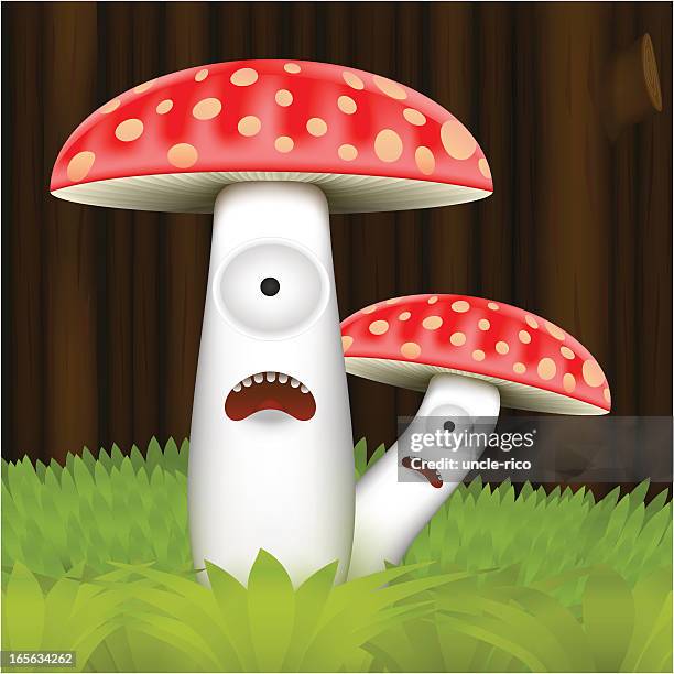 scared mushrooms cartoon character - amanita parcivolvata stock illustrations