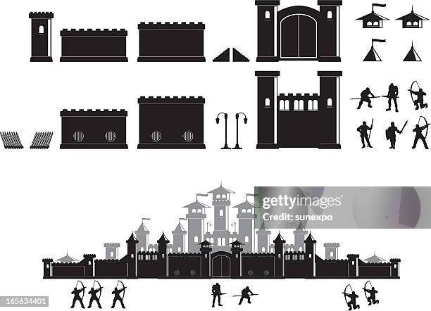 ilustraciones, imágenes clip art, dibujos animados e iconos de stock de castillo de construcción - pared fortificada