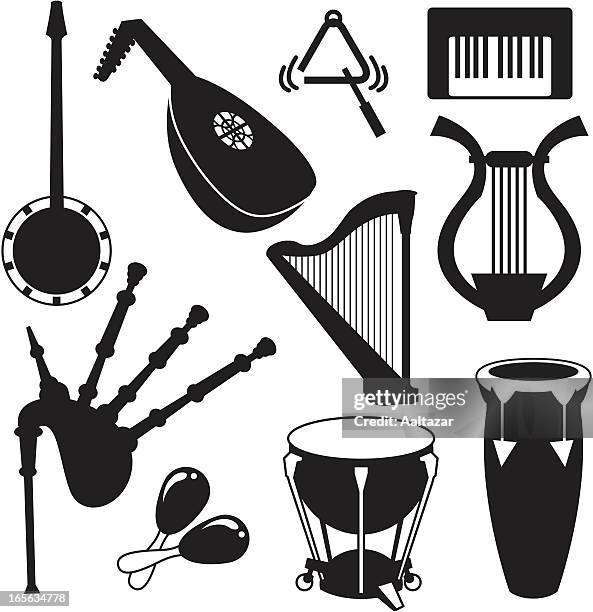 schwarze silhouetten-musikinstrumente - dudelsack stock-grafiken, -clipart, -cartoons und -symbole