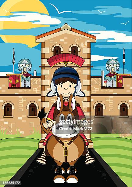 roman soldier riding horse at fort - roman soldier cartoon stock illustrations